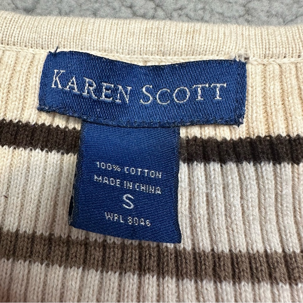 Karen Scott Women’s Striped V Neck Sweater Small Cream Brown Knit Pullover - Picture 2 of 5